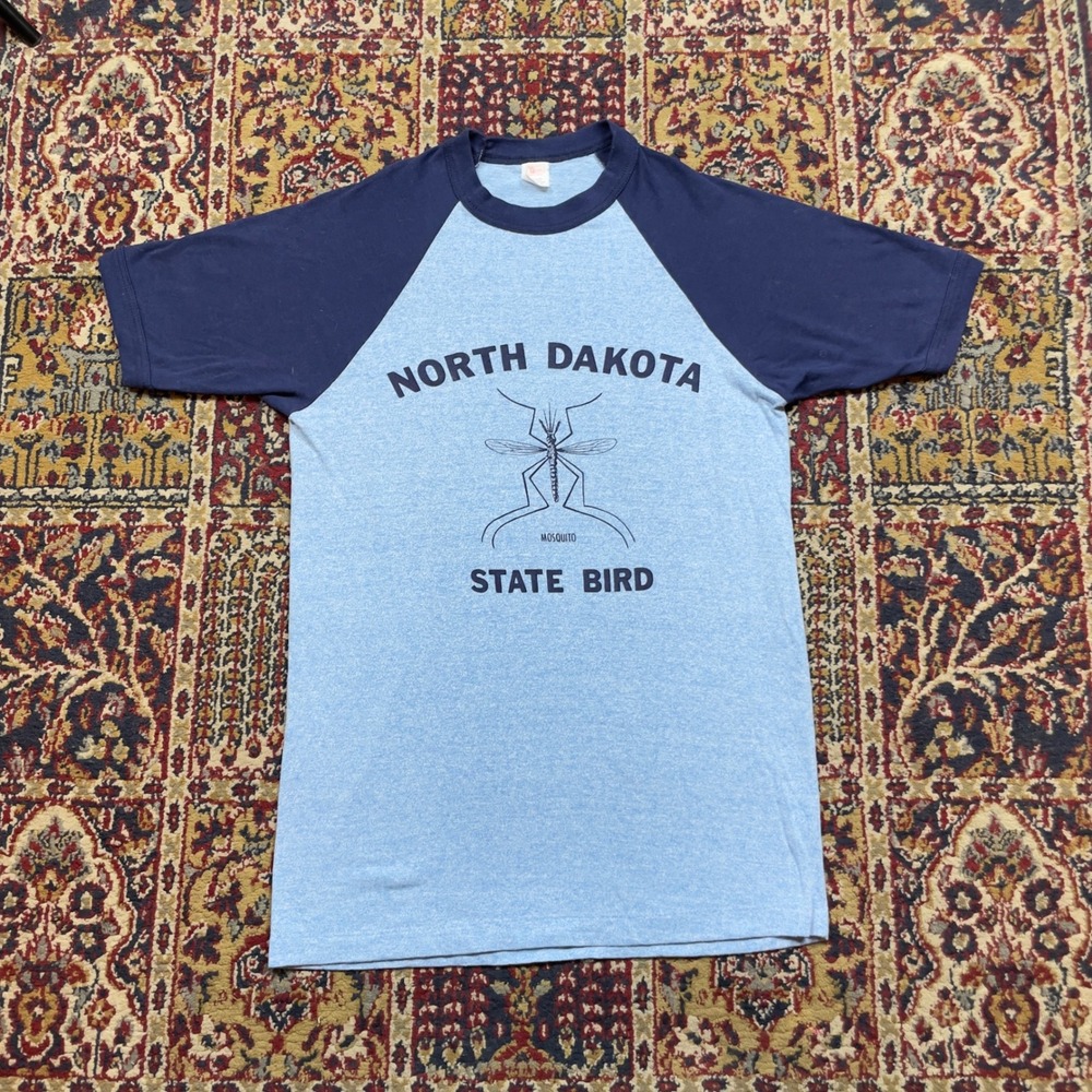 VTG 70s North Dakota Mosquito State‎ Bird Raglan T Shirt Mens M USA heather blue